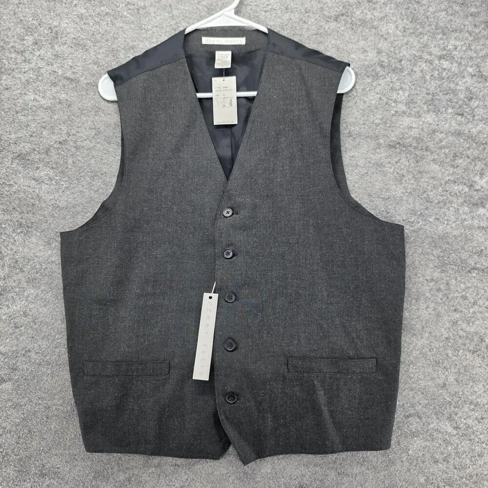 Perry Ellis Suit Vest Mens M Black Tweed Slim Fit Acetate Polyester Belted